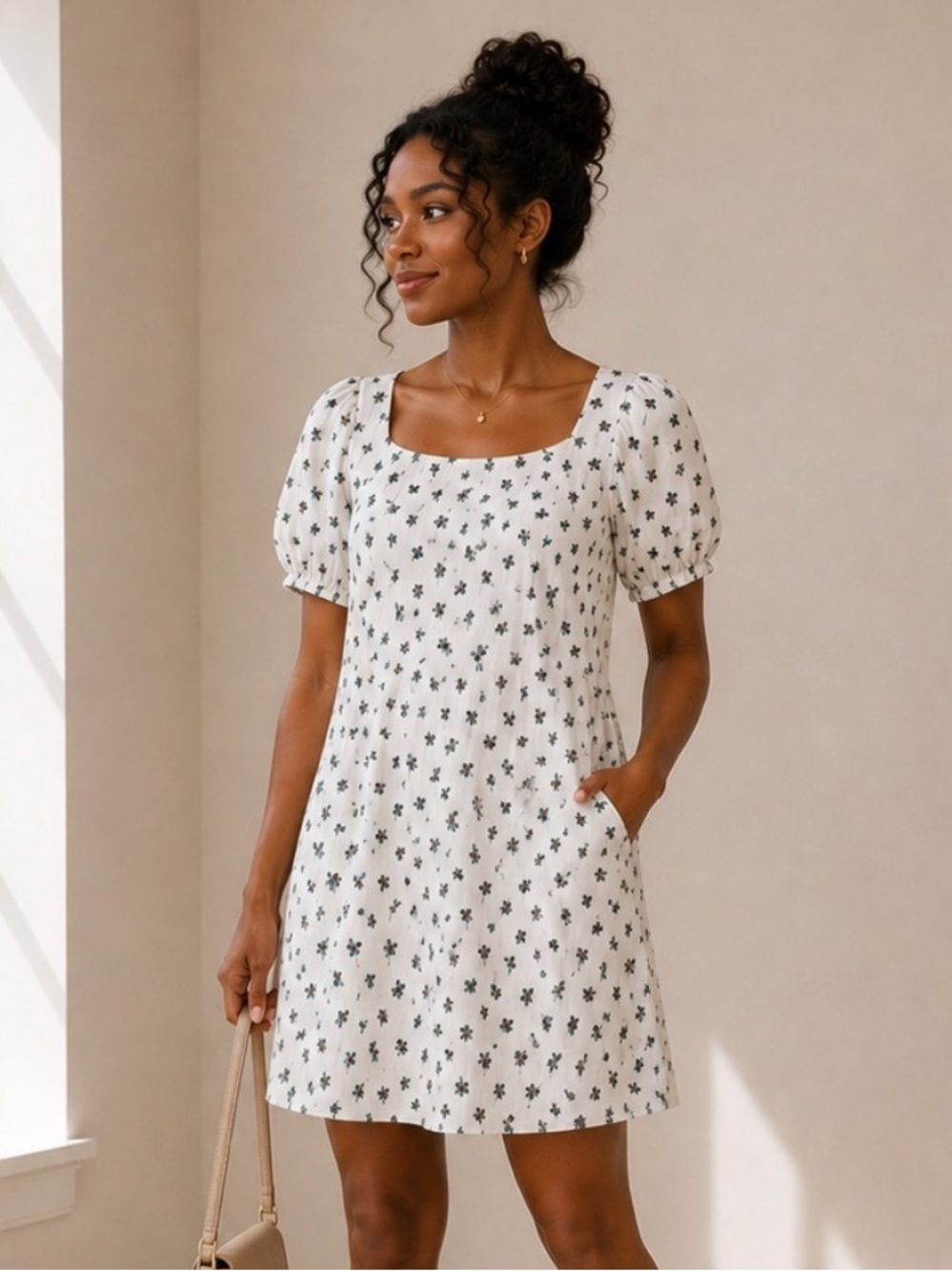 LOFT White Puff-Sleeve Dress with Green Floral Print